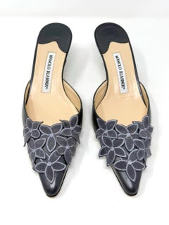 Manolo Blahnik Gray Leather Floral Applique Kitten Heel Mules Size 36.5
