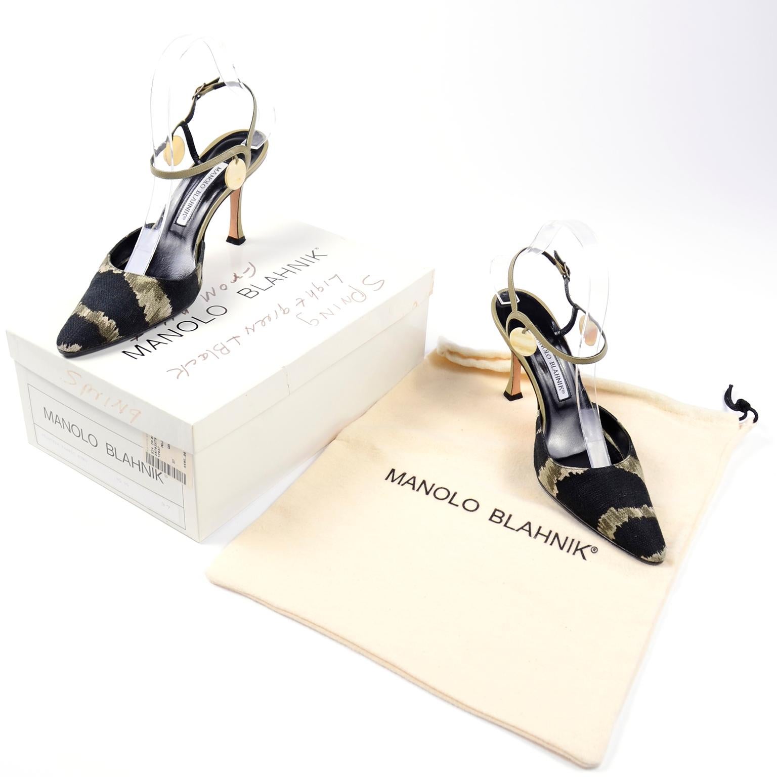 Manolo Blahnik Green and Black Pelotera Sling Back Shoes With Original Box & Bag 2