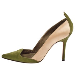 Manolo Blahnik Green/Beige Satin Scallop Pumps Size 38