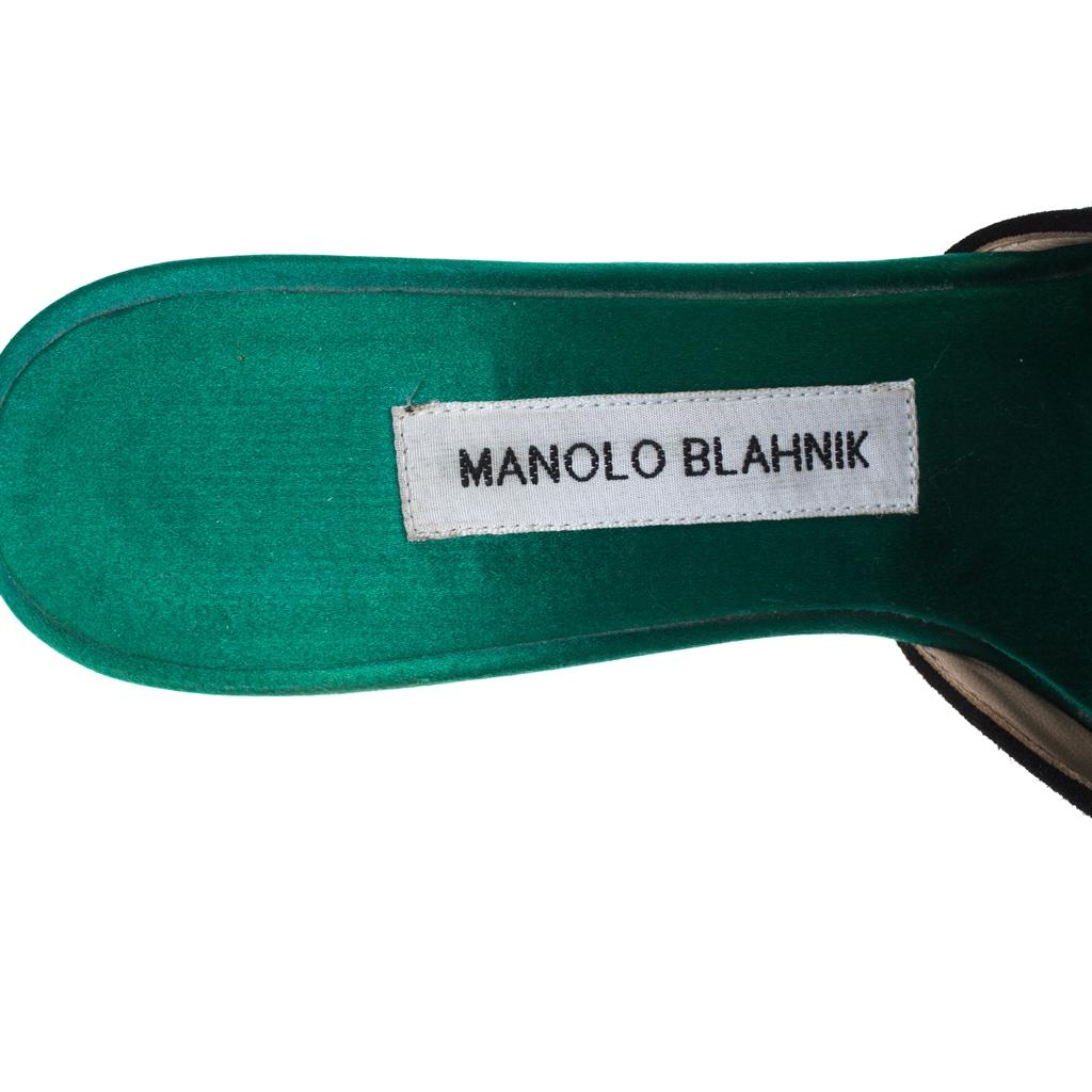 Manolo Blahnik Green/Black Lasercut Suede and Satin Borli Mules Size 37.5 2
