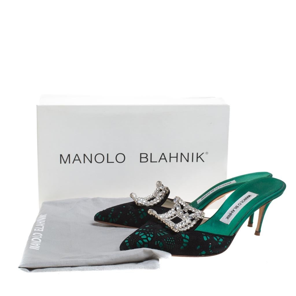 Manolo Blahnik Green/Black Lasercut Suede and Satin Borli Mules Size 37.5 3