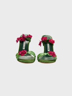 Manolo Blahnik Green Cactus Floral Embellished Wrap Heels