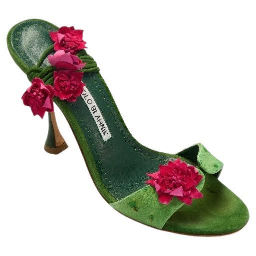 Manolo Blahnik Green Cactus Floral Embellished Wrap Heels For Sale