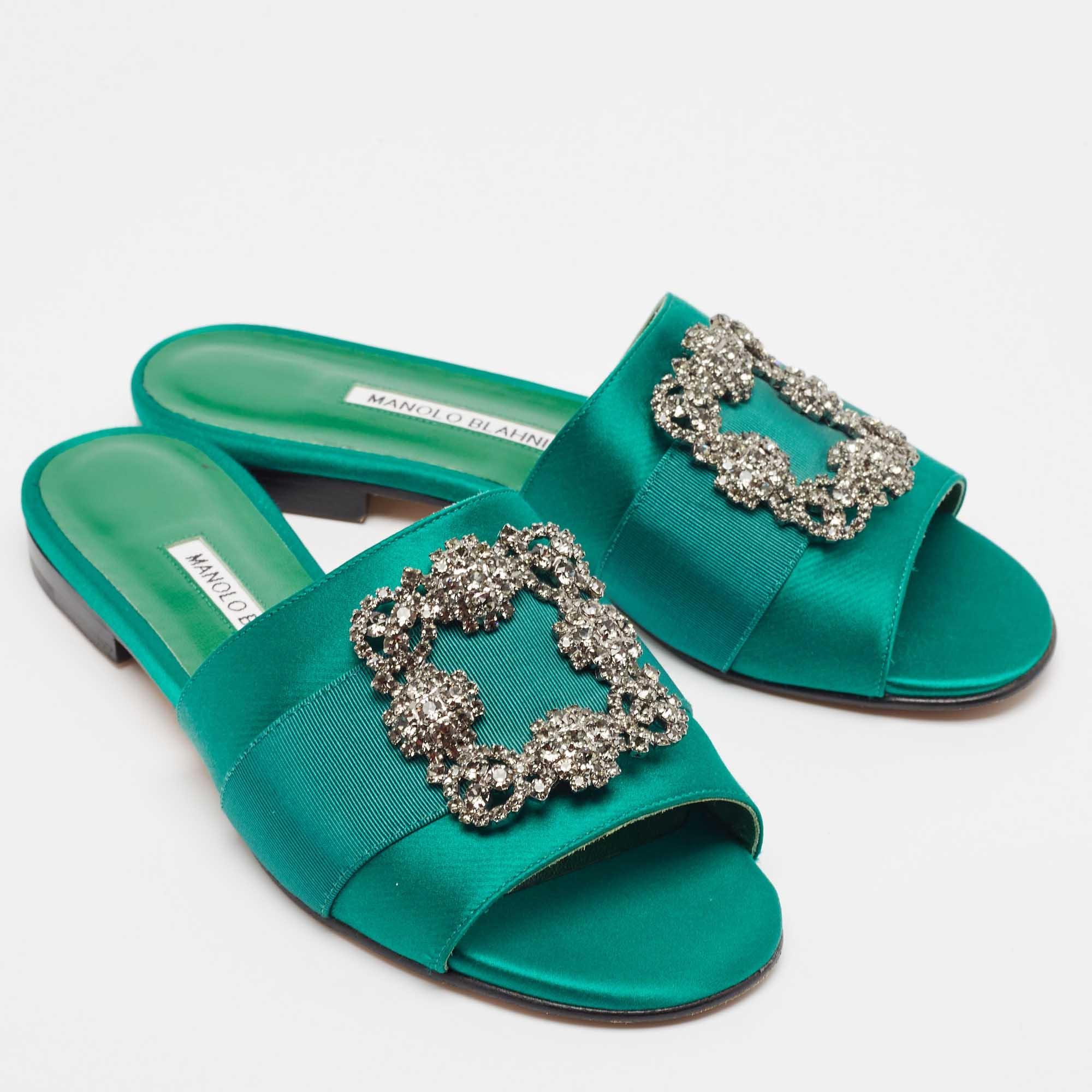 Women's Manolo Blahnik Green Canvas and Satin Martamod Flat Slides Size 38