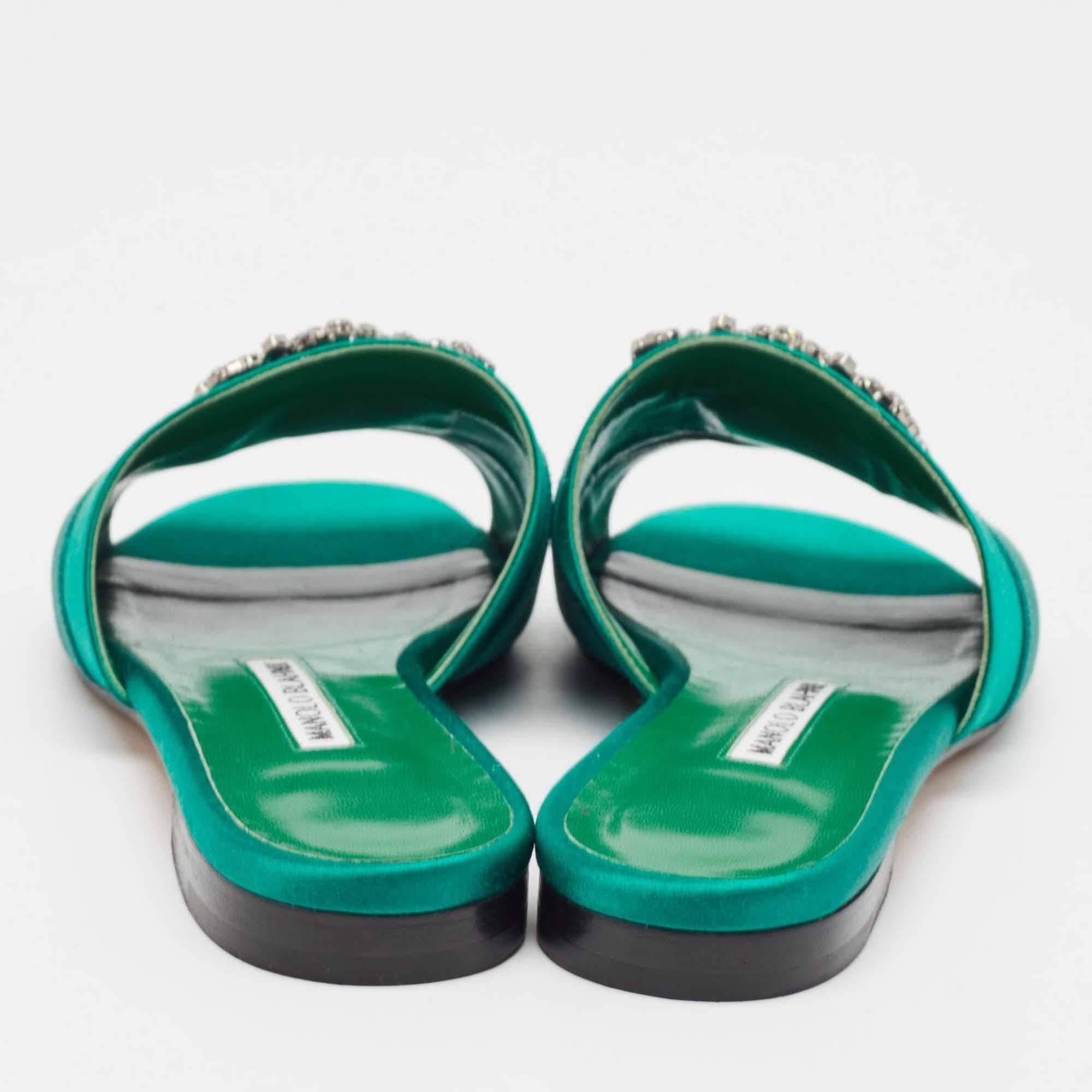 Manolo Blahnik Green Canvas and Satin Martamod Flat Slides Size 38 1