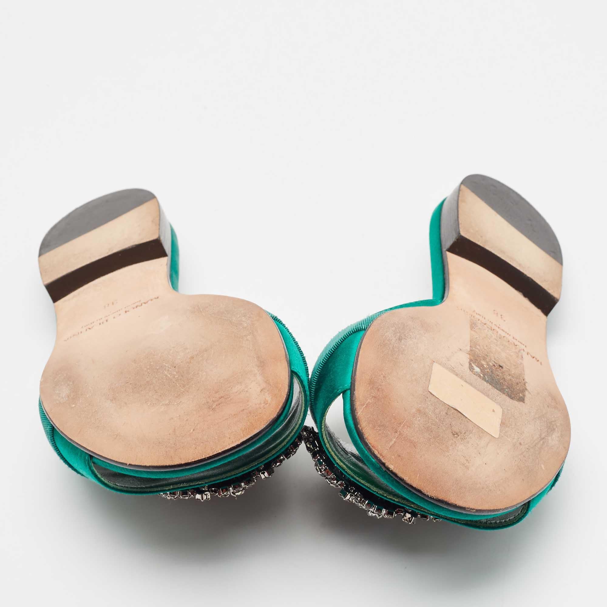 Manolo Blahnik Green Canvas and Satin Martamod Flat Slides Size 38 2
