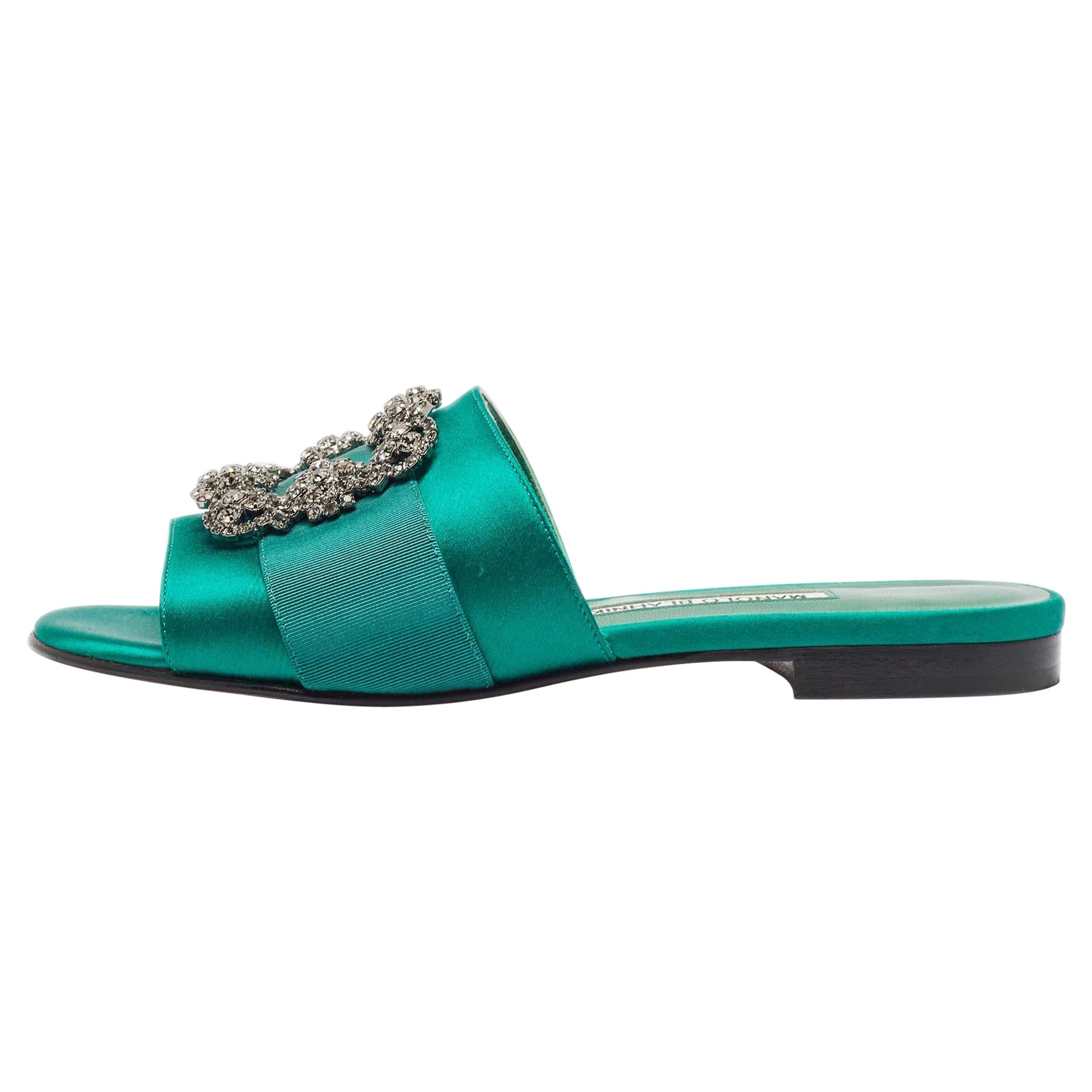 Manolo Blahnik Green Canvas and Satin Martamod Flat Slides Size 38