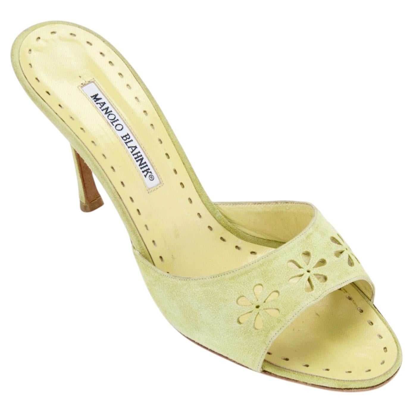 Manolo Blahnik Green Floral Eyelet Laser Cut Suede Heels at 1stDibs