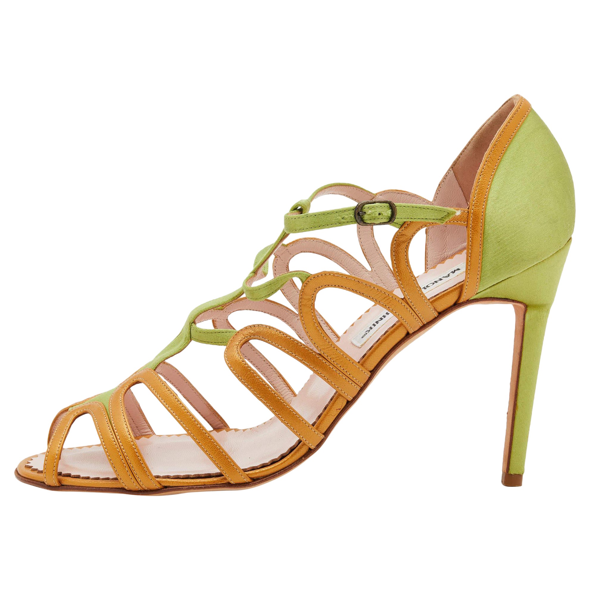 Manolo Blahnik Green/Gold Satin And Leather Cut Out Strappy Sandals Size 41