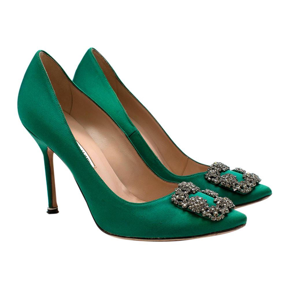 Manolo Blahnik Green Hangisi Satin Jewel Buckle Pumps - Size EU 38.5