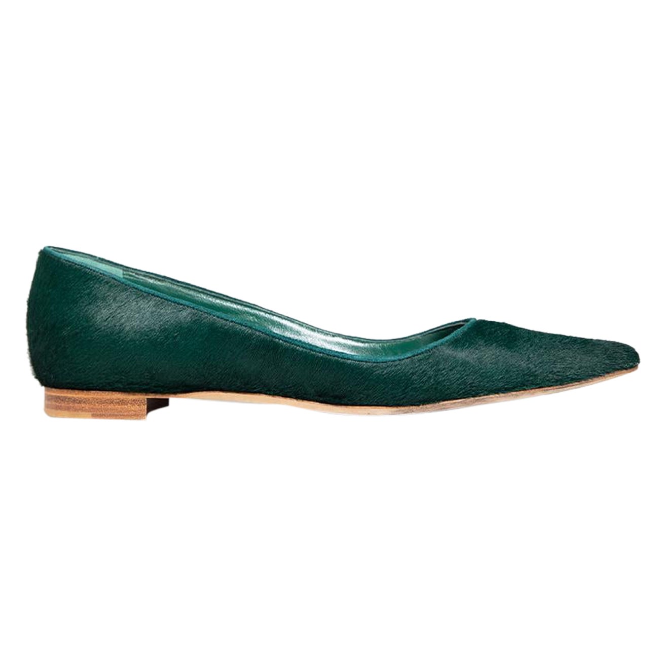 Manolo Blahnik Green Pointed Toe Pony Hair Flats Size IT 37