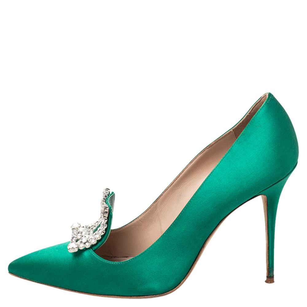 Women's Manolo Blahnik Green Satin Borlak Crystal Embellished Pointed Toe Pumps Size 40