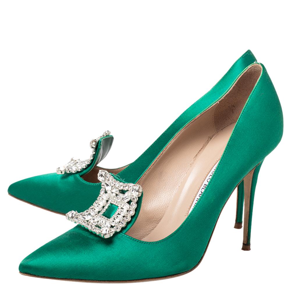 Manolo Blahnik Green Satin Borlak Crystal Embellished Pointed Toe Pumps Size 40 2