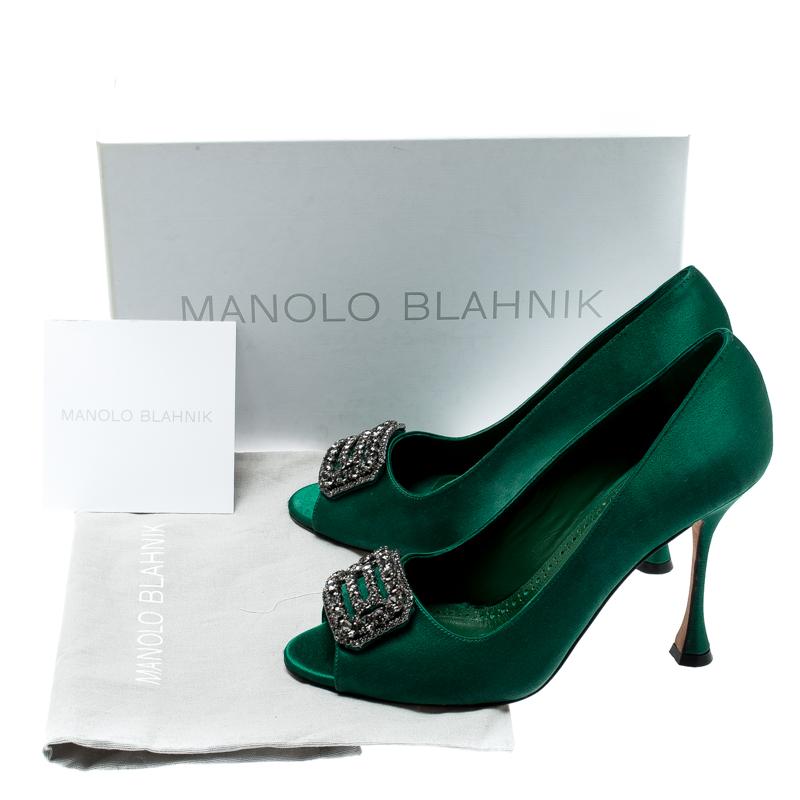 Women's Manolo Blahnik Green Satin Crystal Embellished Peep Toe Pumps Size 38.5