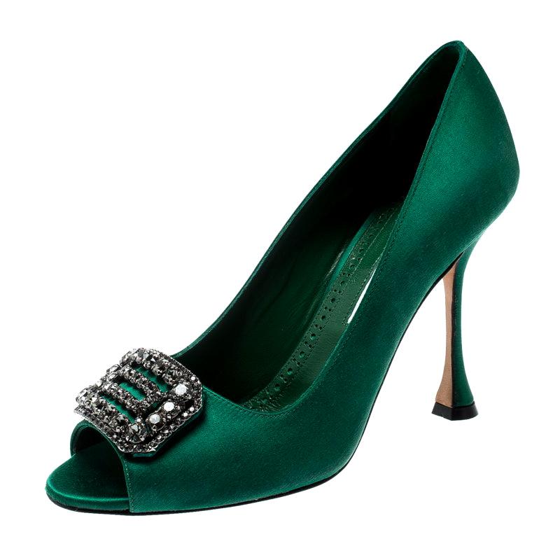 Manolo Blahnik Green Satin Crystal Embellished Peep Toe Pumps Size 38.5