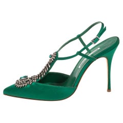 Manolo Blahnik Green Satin Embellished Jamala Sandals Size 40