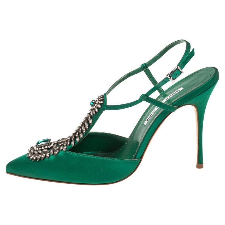 Manolo Blahnik Green Satin Embellished Jamala Sandals Size 40 at 1stDibs