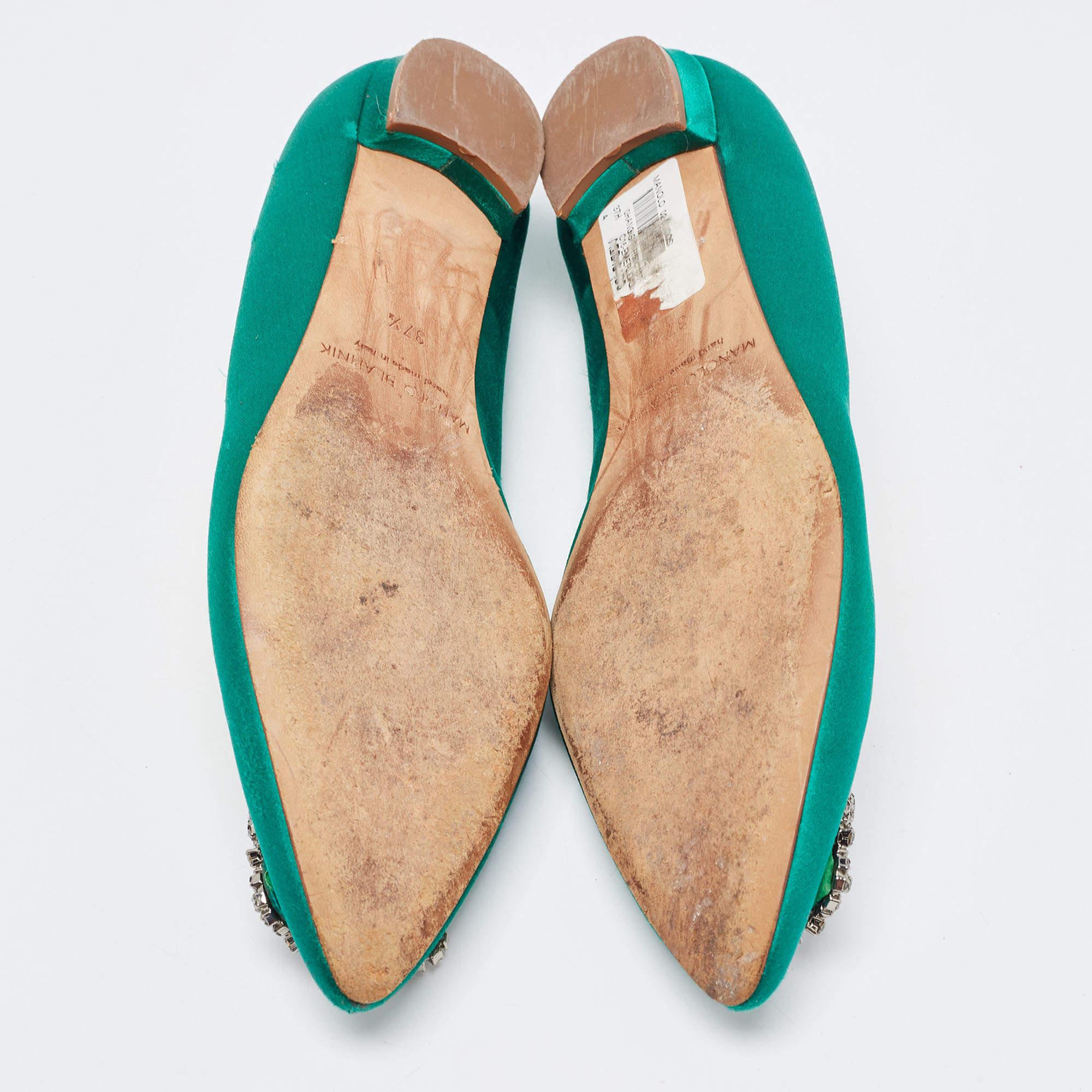 Manolo Blahnik Green Satin Hangisi Ballet Flats Size 37.5 6