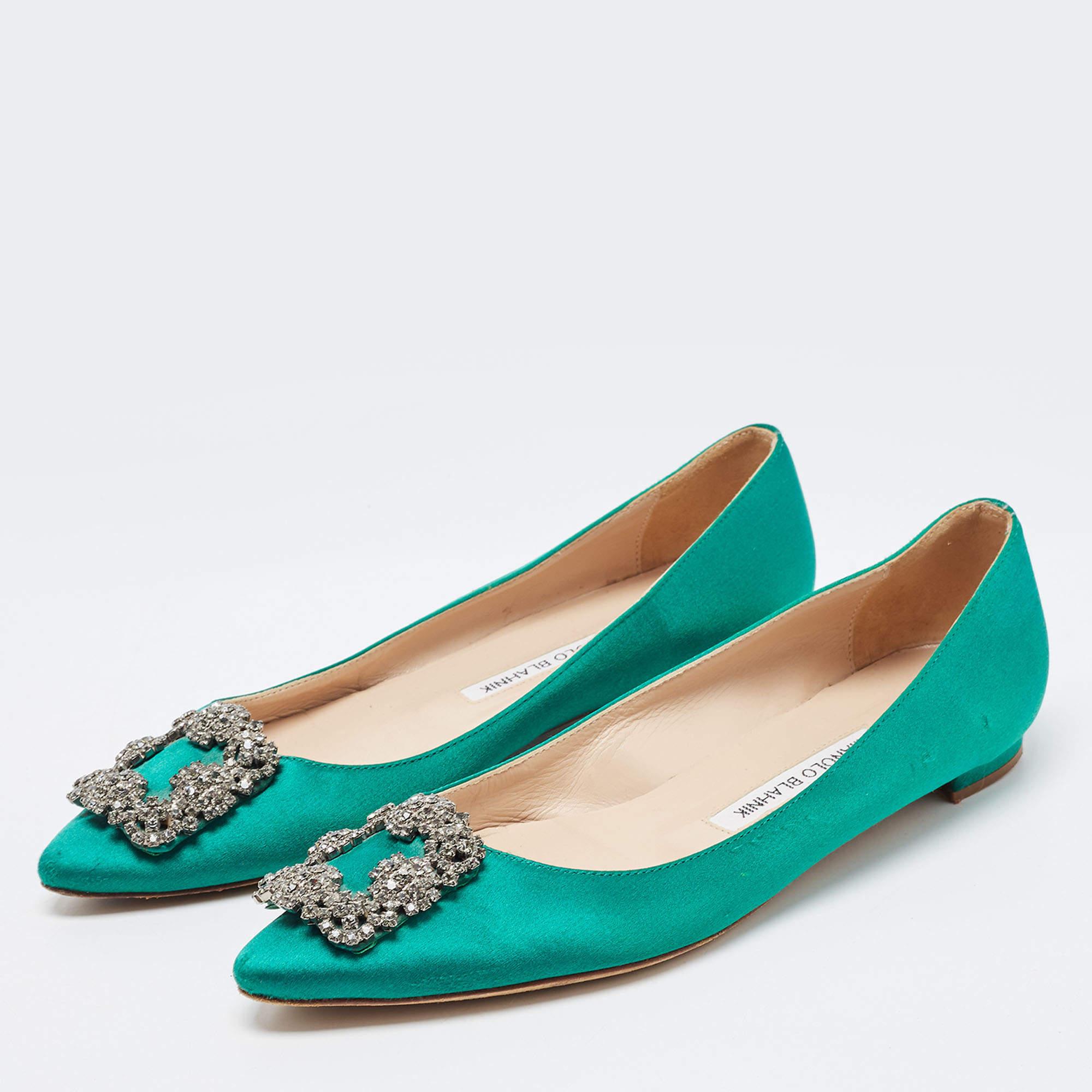 Women's Manolo Blahnik Green Satin Hangisi Ballet Flats Size 37.5