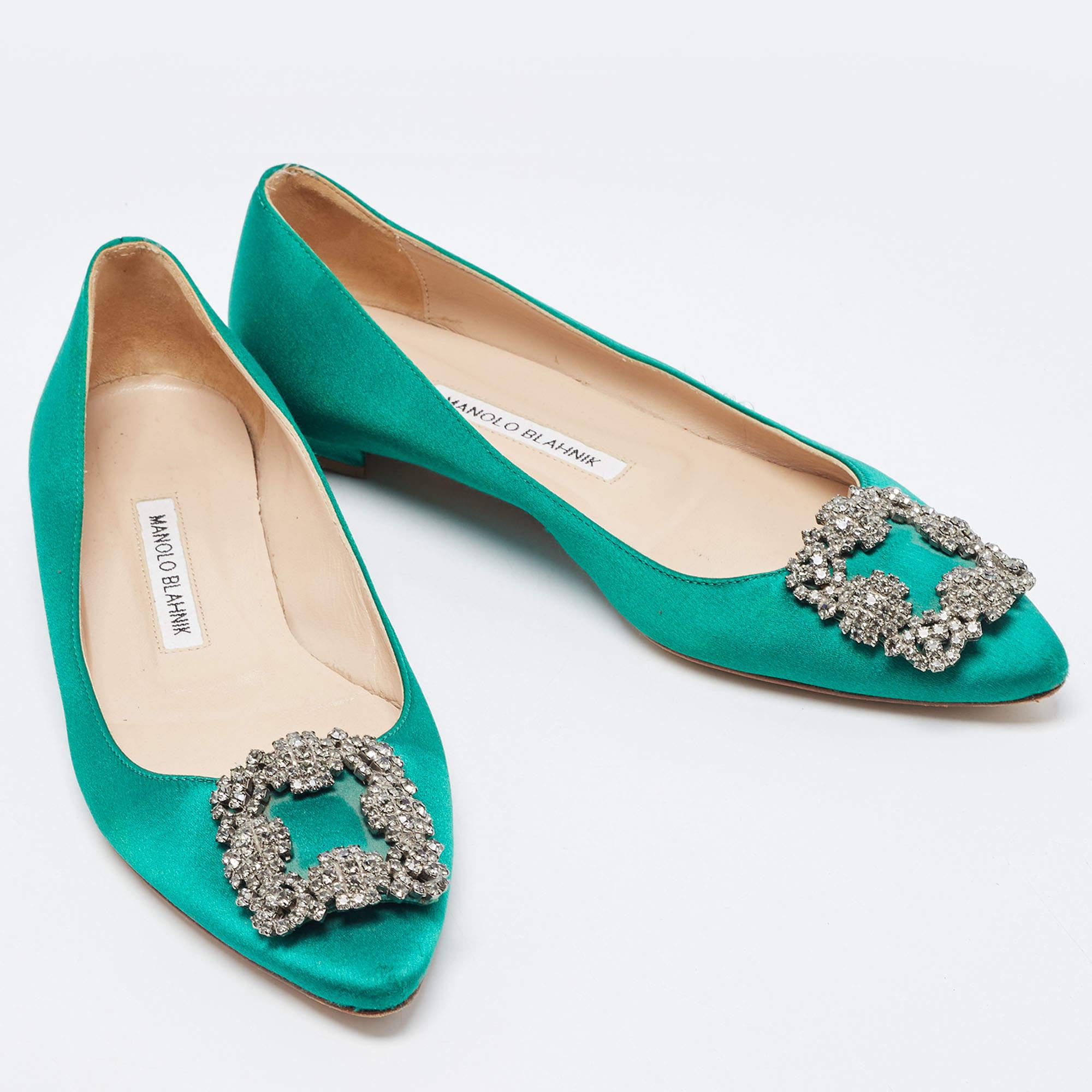 Manolo Blahnik Green Satin Hangisi Ballet Flats Size 37.5 1