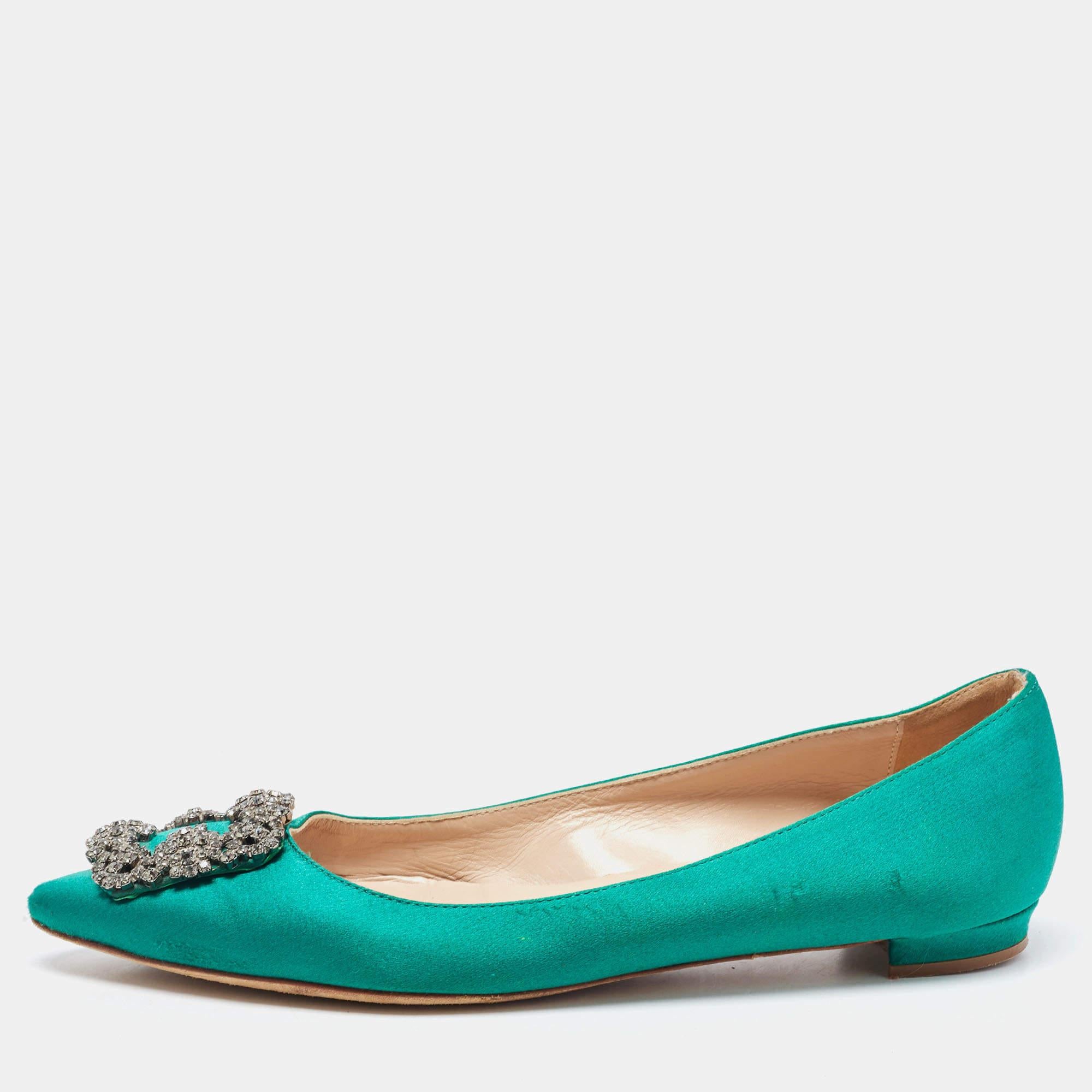 Manolo Blahnik Green Satin Hangisi Ballet Flats Size 37.5 3