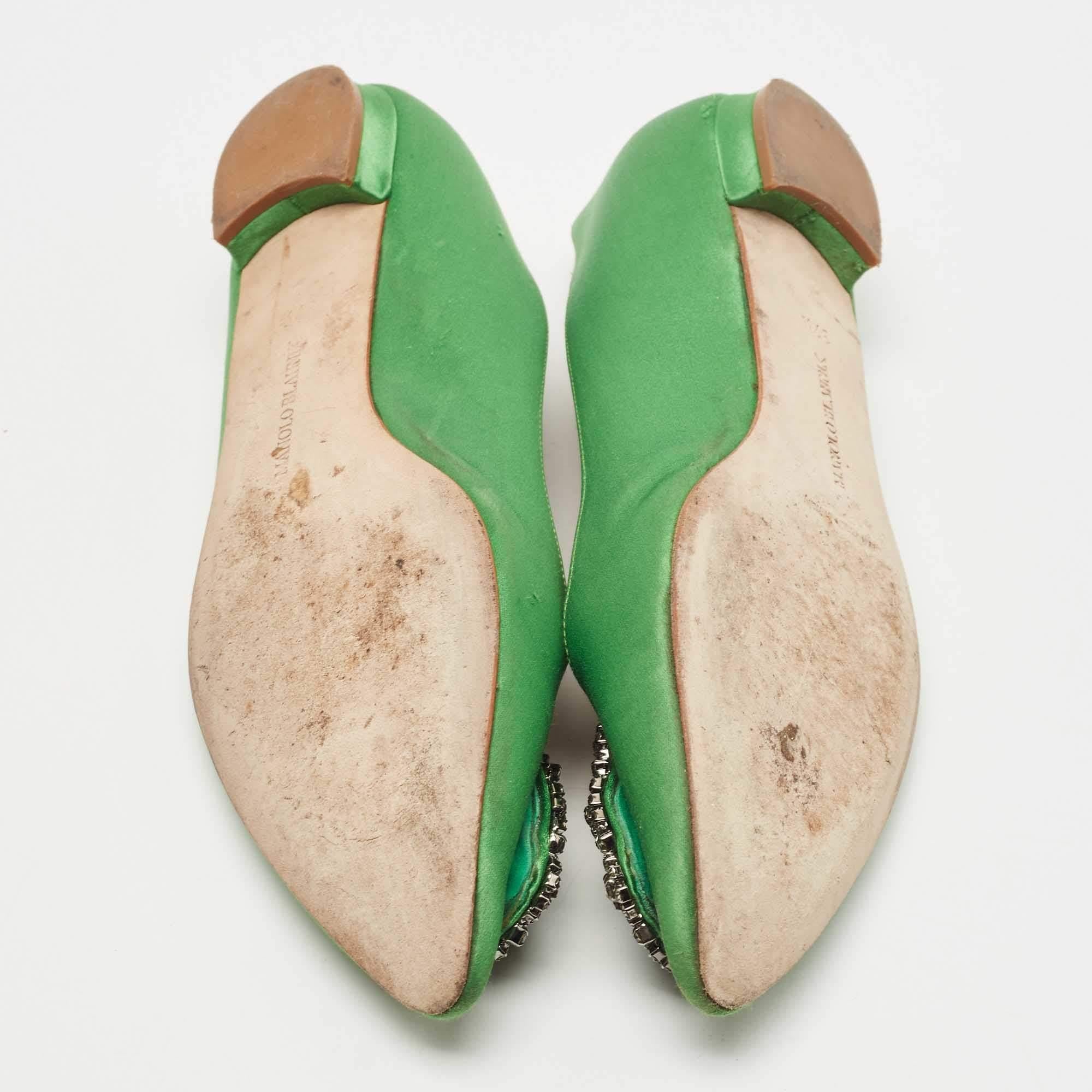 Manolo Blahnik Green Satin Hangisi Ballet Flats Size 37.5 5