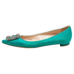 Used Manolo Blahnik Green Satin Hangisi Ballet Flats Size 37.5