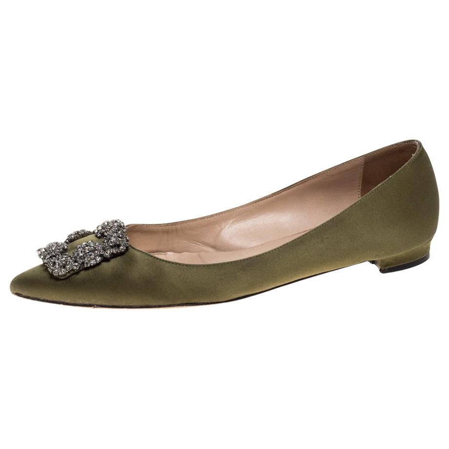 Manolo Blahnik Green Satin Hangisi Crystal Embellished Ballet Flats Size 38