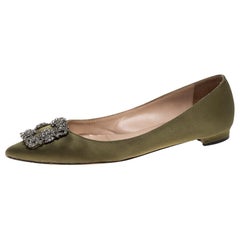 Manolo Blahnik Green Satin Hangisi Crystal Embellished Ballet Flats Size 38