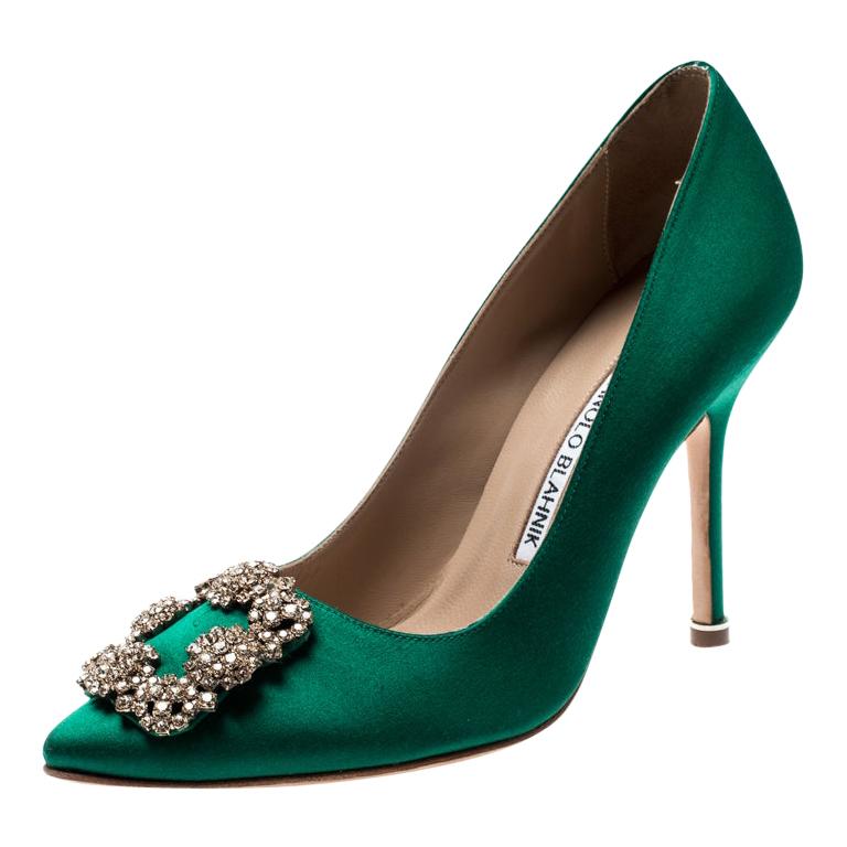 Manolo Blahnik Green Satin Hangisi Crystal Embellished Pumps Size 36 ...