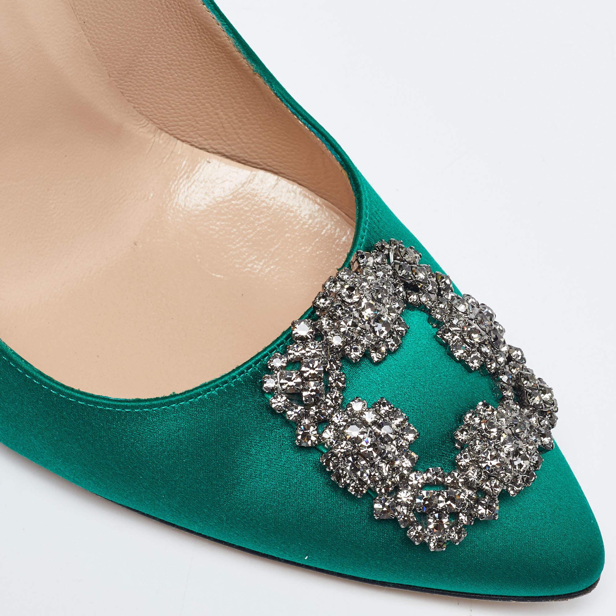 Women's Manolo Blahnik Green Satin Hangisi Crystal Embellished Pumps Size 40