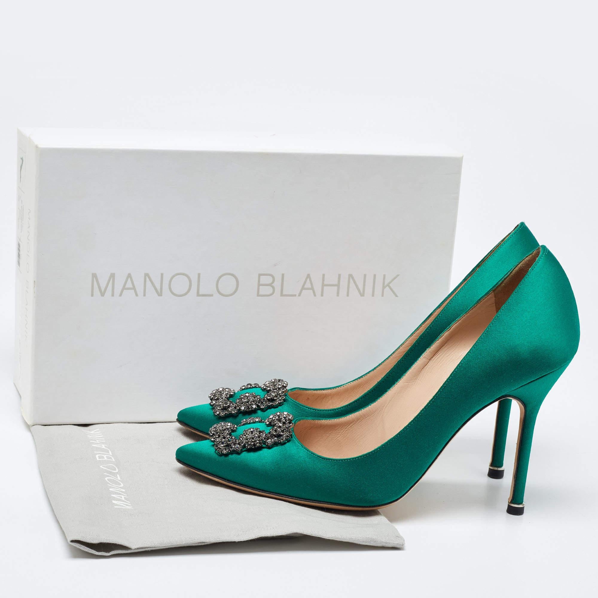 Manolo Blahnik Green Satin Hangisi Crystal Embellished Pumps Size 40 5