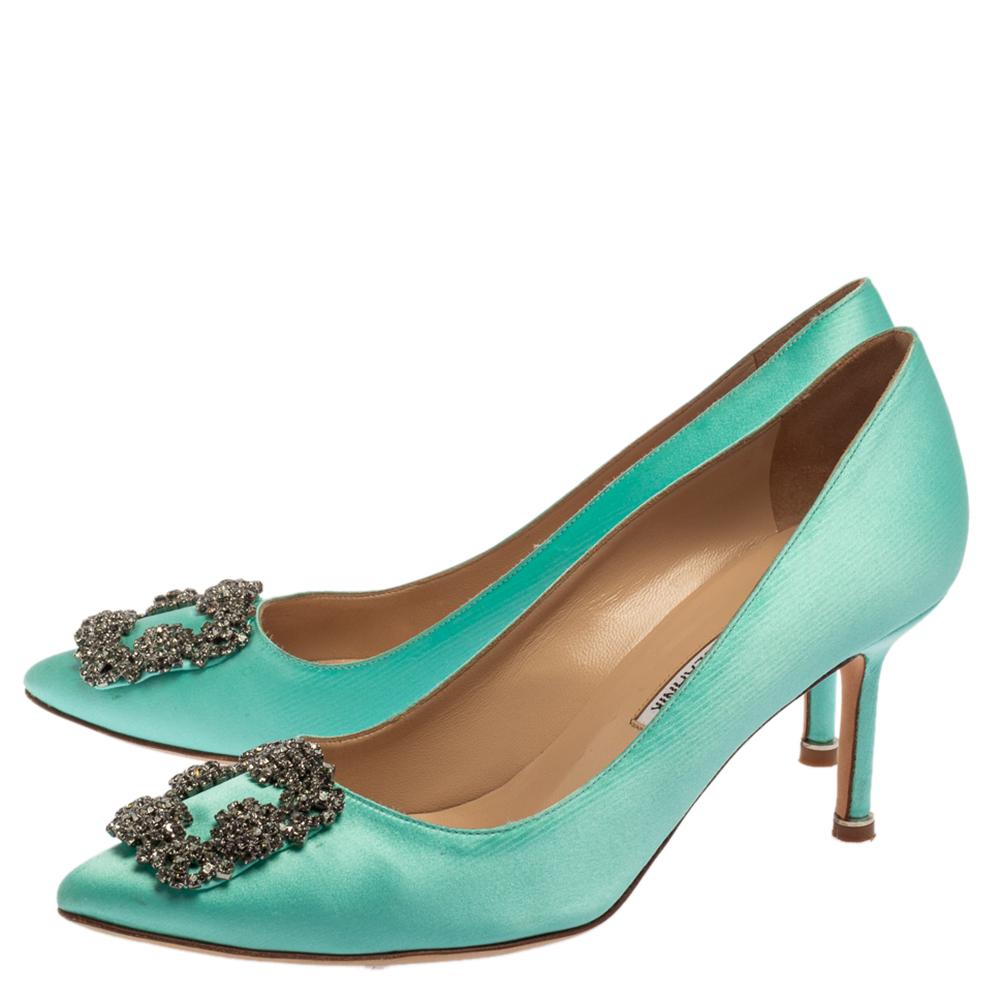 Women's Manolo Blahnik Green Satin Hangisi Embellished Pointed Toe Pumps Size 39