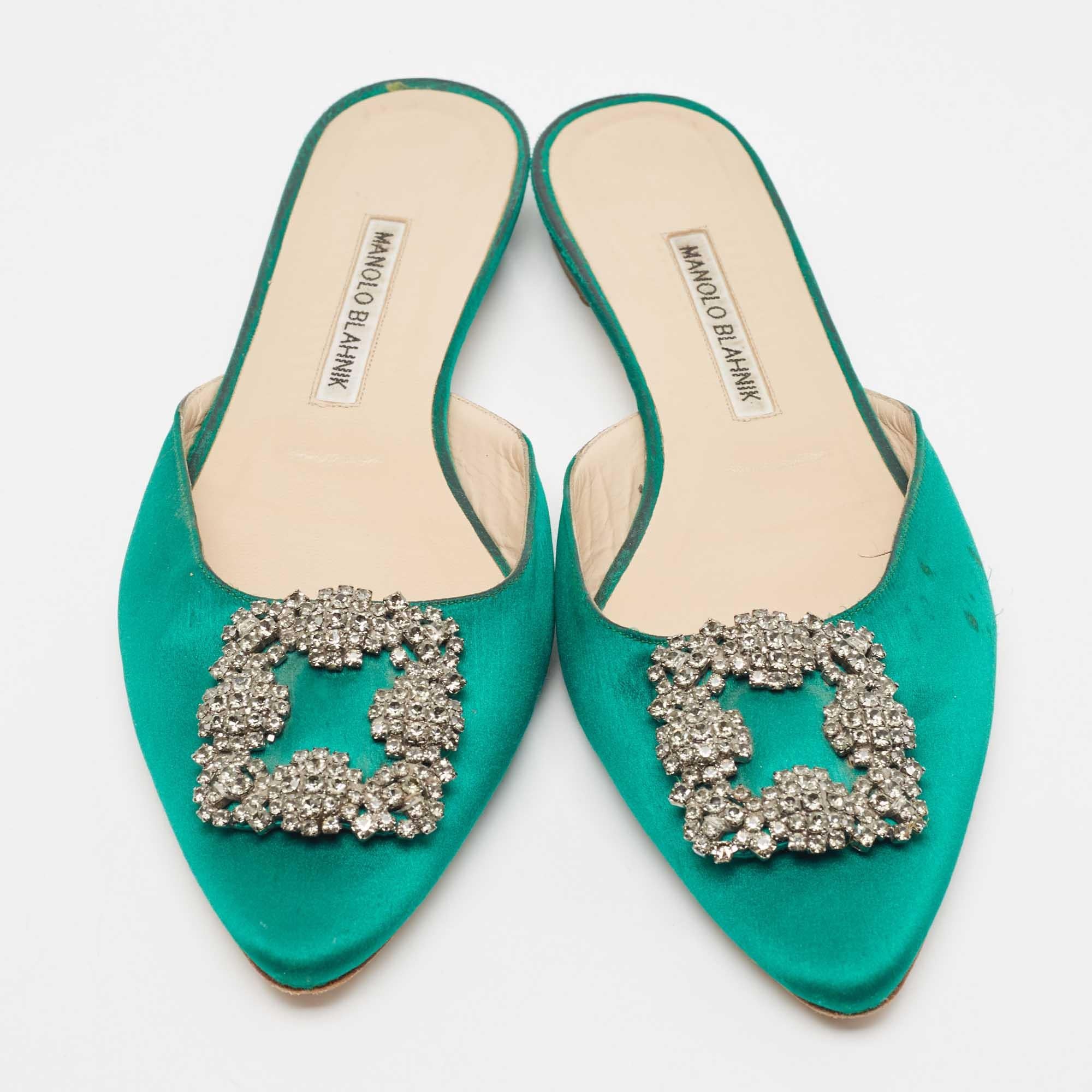Women's Manolo Blahnik Green Satin Hangisi Flat Mules Size 39