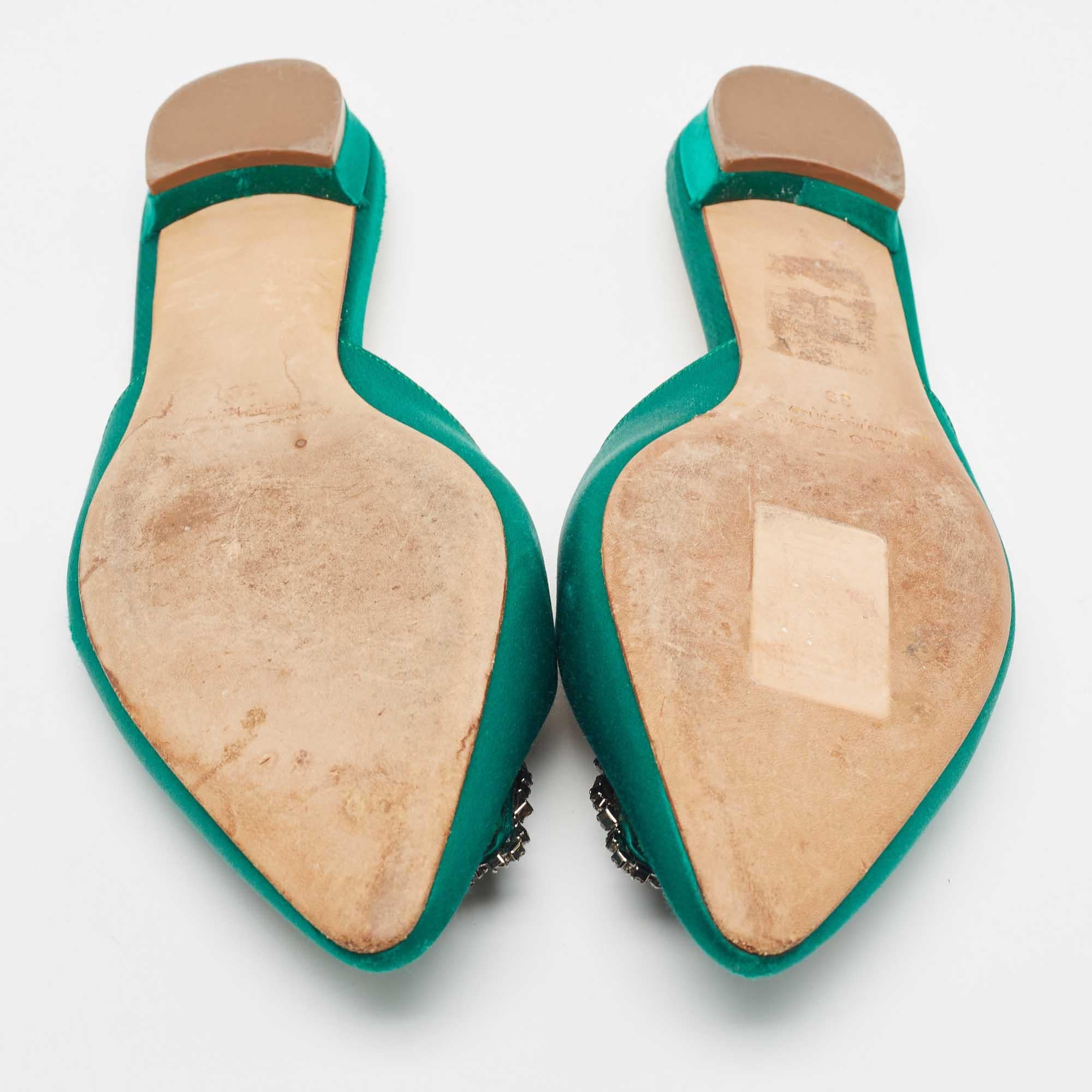 Manolo Blahnik Green Satin Hangisi Flat Mules Size 39 For Sale 2