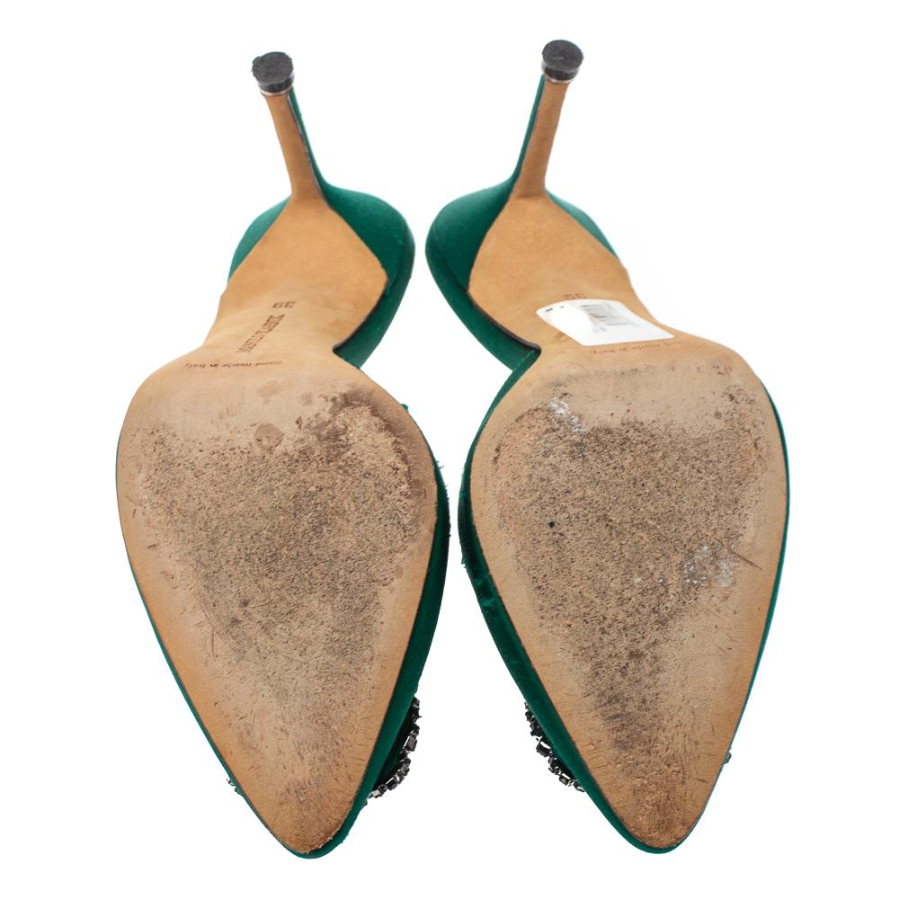 Women's Manolo Blahnik Green Satin Hangisi Mules Sandal Size 39