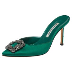 Manolo Blahnik Green Satin Hangisi Mules Sandal Size 39