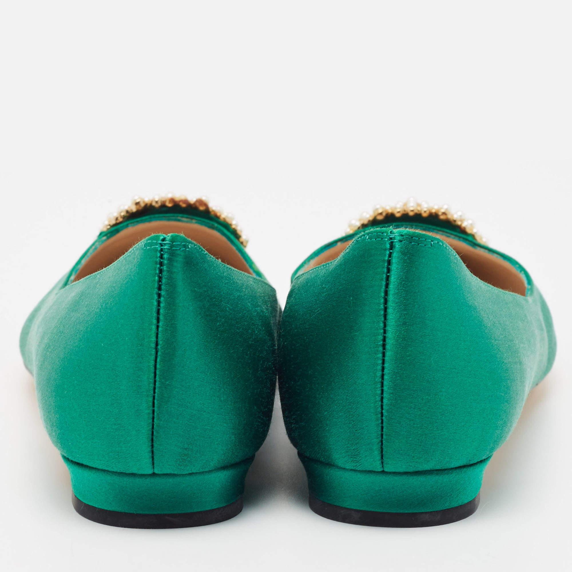 Women's Manolo Blahnik Green Satin Hangisi Pearl Embellished Ballet Flats Size 38