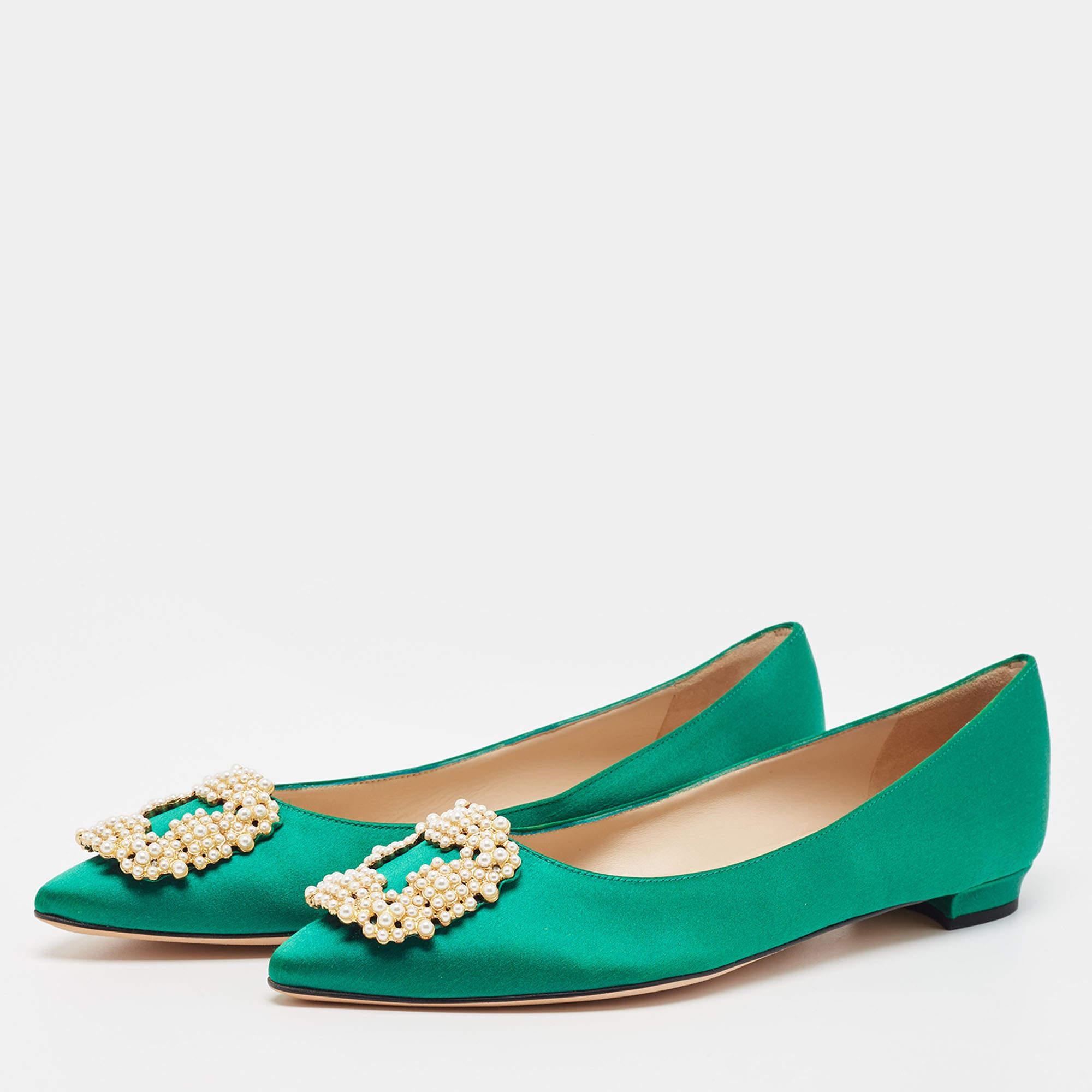 Women's Manolo Blahnik Green Satin Hangisi Pearl Embellished Ballet Flats Size 38