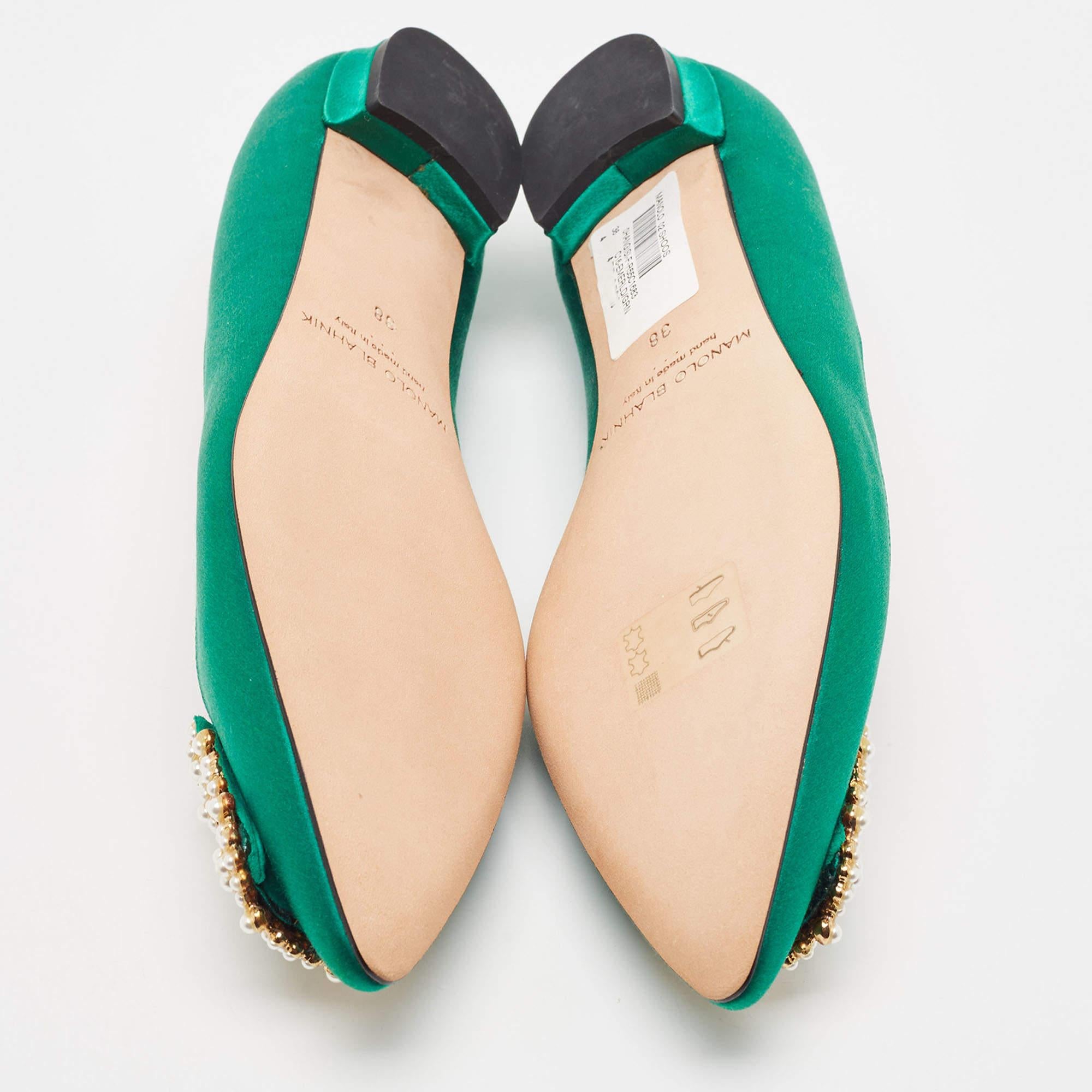 Manolo Blahnik Green Satin Hangisi Pearl Embellished Ballet Flats Size 38 1