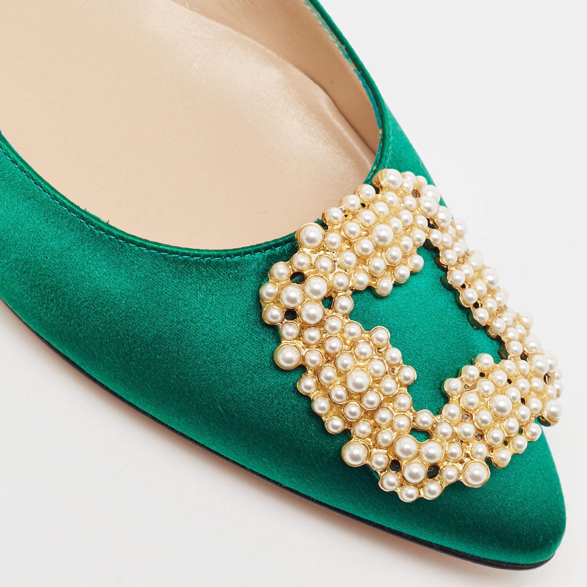 Manolo Blahnik Green Satin Hangisi Pearl Embellished Ballet Flats Size 38 2
