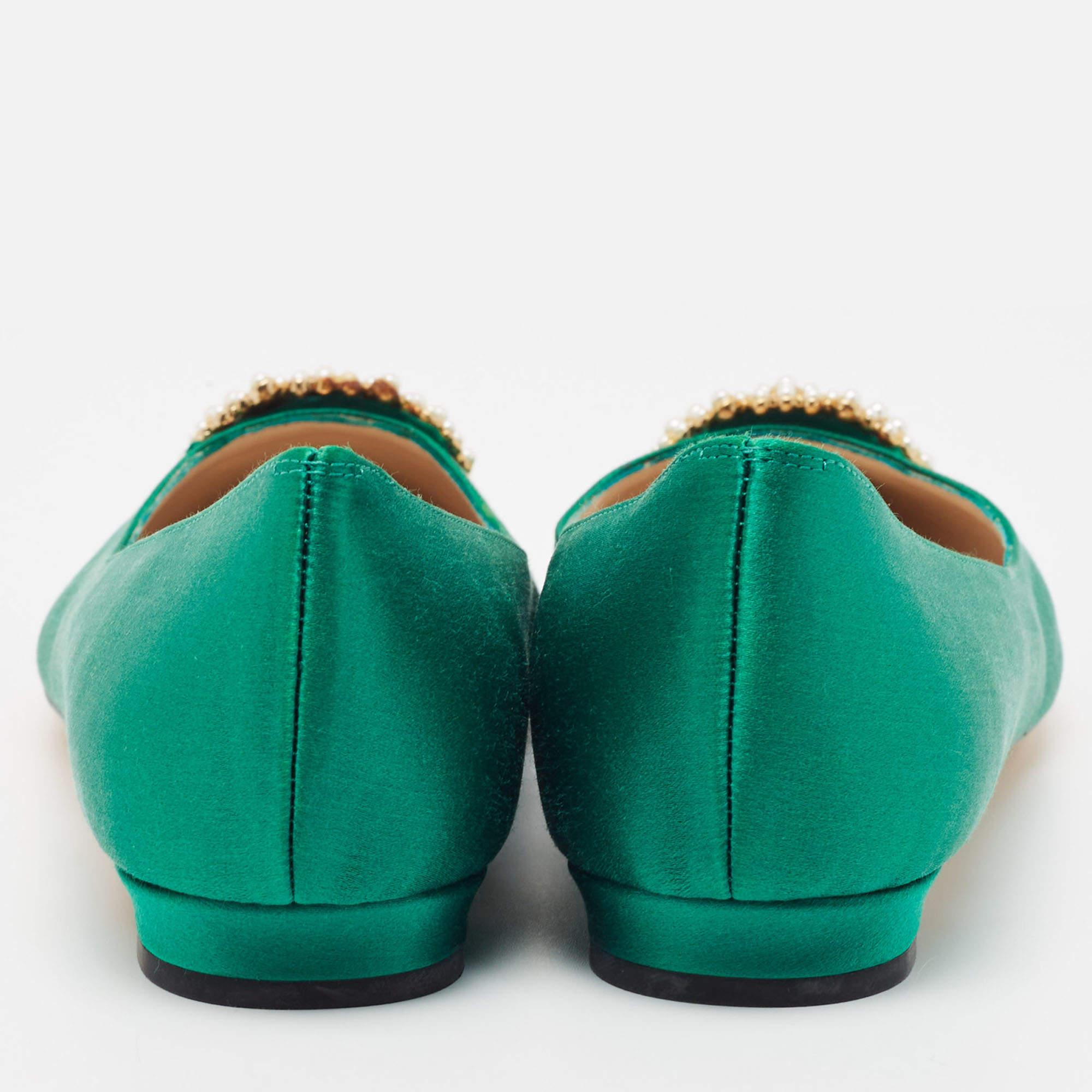 Manolo Blahnik Green Satin Hangisi Pearl Embellished Ballet Flats Size 38 4