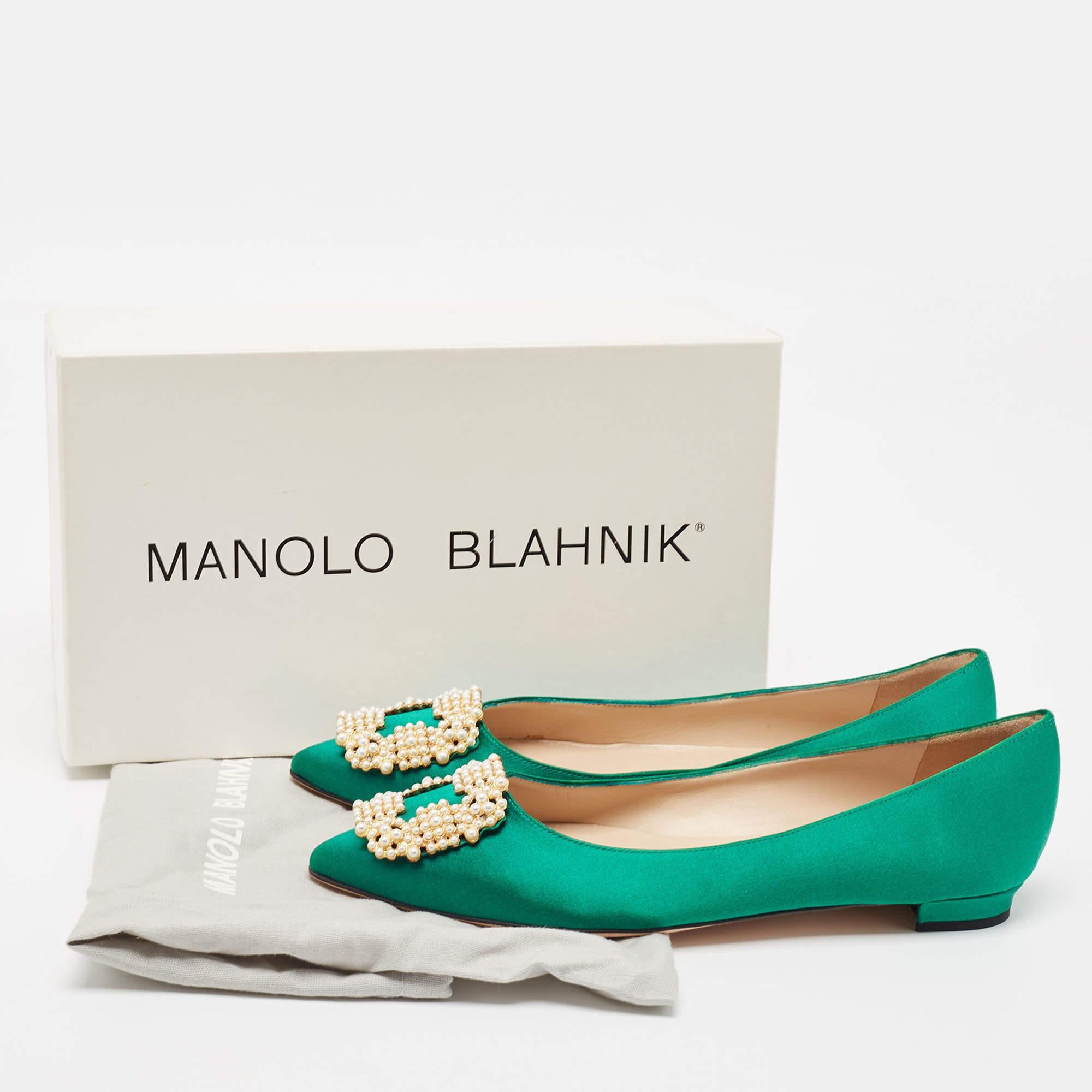 Manolo Blahnik Green Satin Hangisi Pearl Embellished Ballet Flats Size 38 5