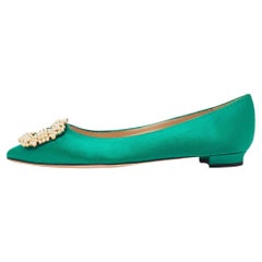 Manolo Blahnik Green Satin Hangisi Pearl Embellished Ballet Flats Size 38