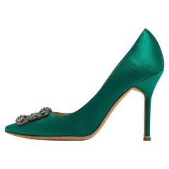 Manolo Blahnik Green Satin Hangisi Pointed Toe Pumps Size 38.5
