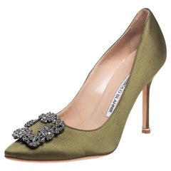 Manolo Blahnik Green Satin Hangisi Pumps Size 36.5