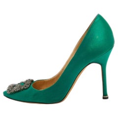 Manolo Blahnik Green Satin Hangisi Pumps Size 38