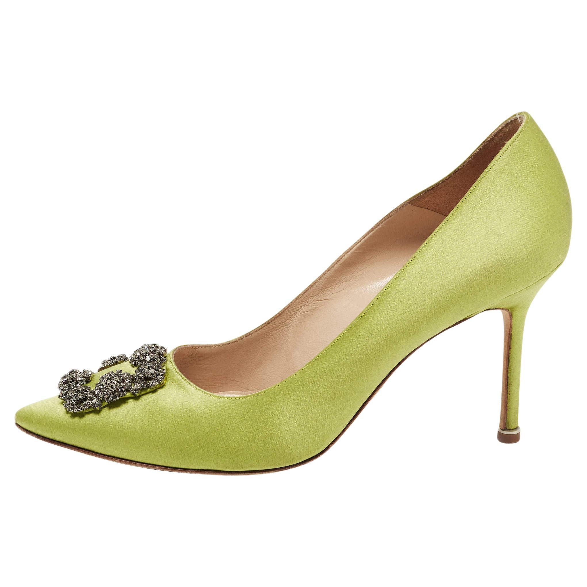 Manolo Blahnik Green Satin Hangisi Pumps Size 41
