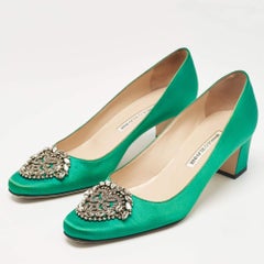 Manolo Blahnik Green Satin Okkaava Crystal Embellished Pumps Size 37.5