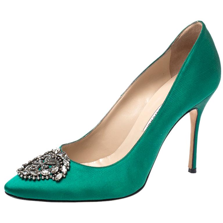 Manolo Blahnik Green Satin Okkaava Emerald Pumps Size 40